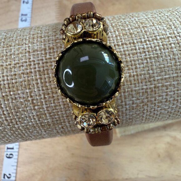 Laura Janelle Brown Leather Bracelet W/ Green Gemstone & Rhinestone Accents Gold - Picture 8 of 11